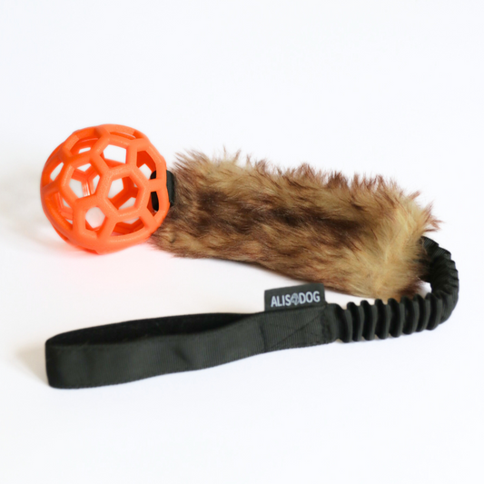 Bungee Tug Toy with Fur and Orange ball, Black handle